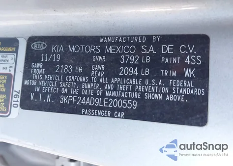 2020 Kia Forte Lxs from USA, damaged, VIN 3KPF24AD9LE200559